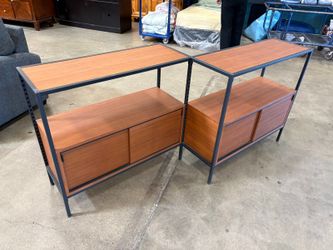 Asymmetrical 2 Tier Bypass Door Display Shelving with Black Metal Frame