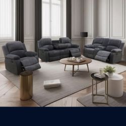 Dark Gray Microfiber Fully Reclining Three Piece Couch Set