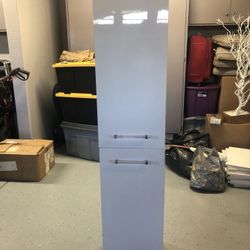 Floating Cabinet In White With 2 Door, Glass Shelves . For A Modern Look For Room, Bathroom.
