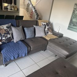 Grey Leather Sectional 