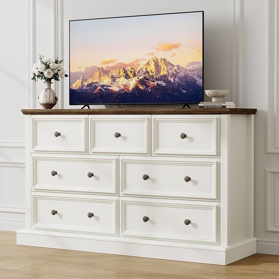 Farmhouse 7 Drawer Dresser for Bedroom, 55" Wide Wood Rustic Chest of Drawers for Bedroom, Storage Dressers Clothes Organizer for Closet, Li