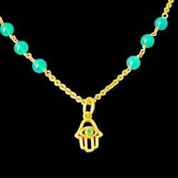 NEW Gold Plated Hanging Hamsa Evil Eye Pendant Beaded Chain Necklace