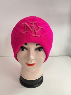 Embroidered NY Men Women Winter Knit Fur lined Beanie Hat - Fuchsia Pink