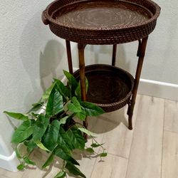 Home Decor- Rattan/Faux Bamboo Metal Legs Round 2-Tier Tray Table