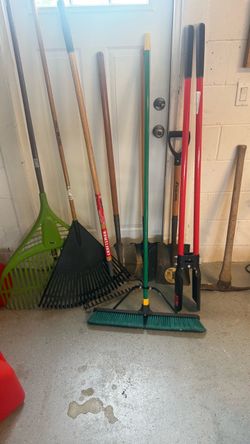 Lot of Yard Tools – Rakes, Brooms, Shovels