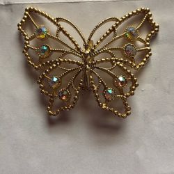 Vintage Rhinestone Butterfly  Gold Pin
