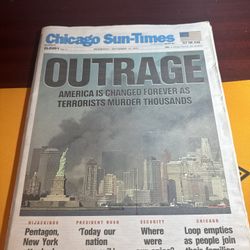 Chicago Sun-Times 9/11 Newspaper 2001 "OUTRAGE" September 12 2001