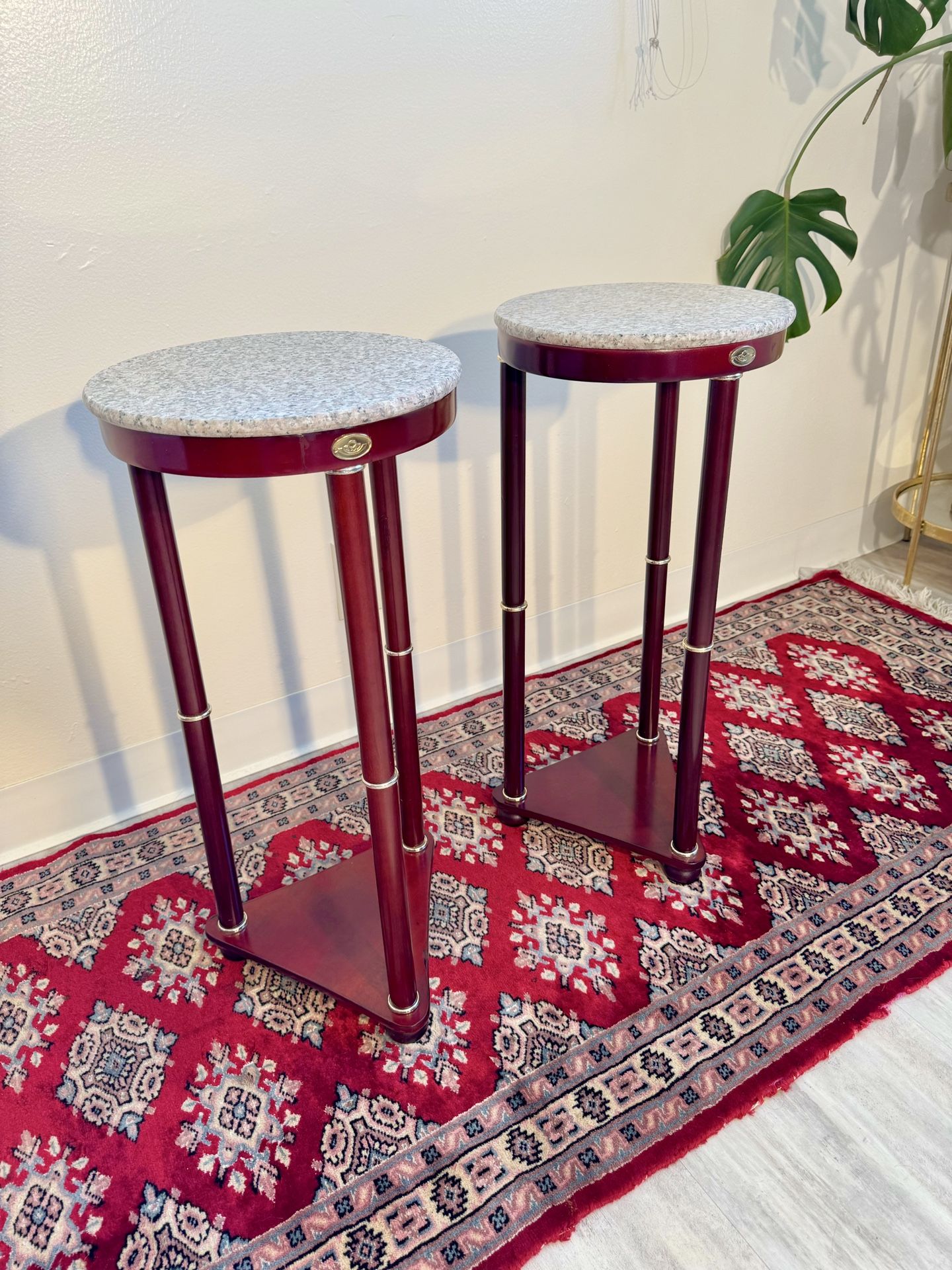 Vintage Marble Top Wooden Side Table / Plant Stand