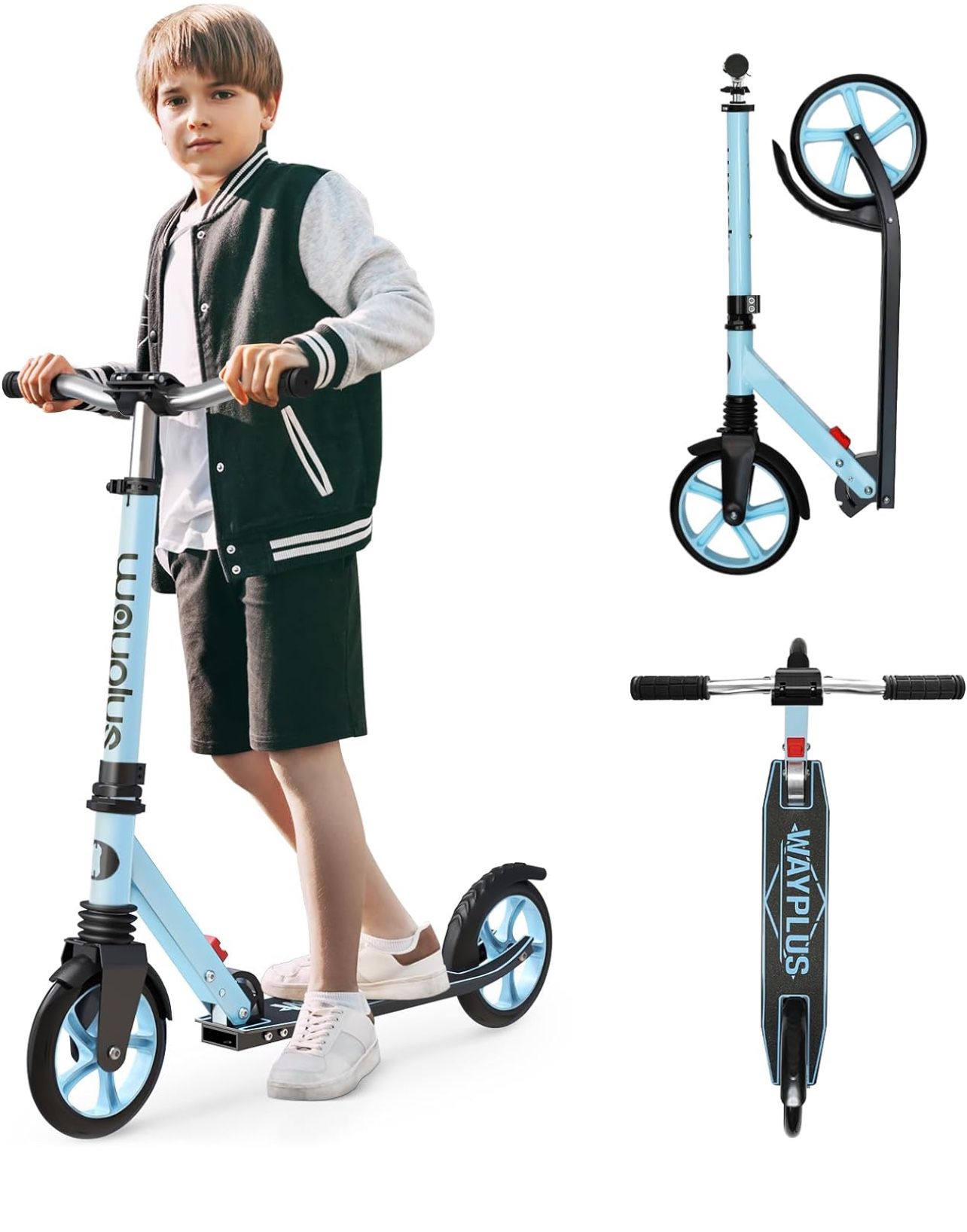 WAYPLUS Kick Scooter for Ages 6+,Kid, Teens & Adults. Max Load 240 LBS. Foldable, Lightweight, 8IN Big Wheels for Kids, Teen and Adults, 4 Adjustable 