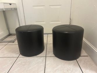 Set of 2 Black Faux Leather Round Ottomans