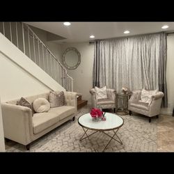 tufted couch and chairs 