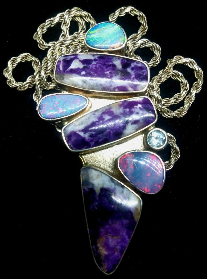 925 Silver Pendant Opals, Charoite, Aquamarine
