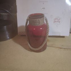 Selling Red Glass Jar Brand Knew Never Been Used Very Thick Glass Has A Handle On It To Hang Somewhere 
