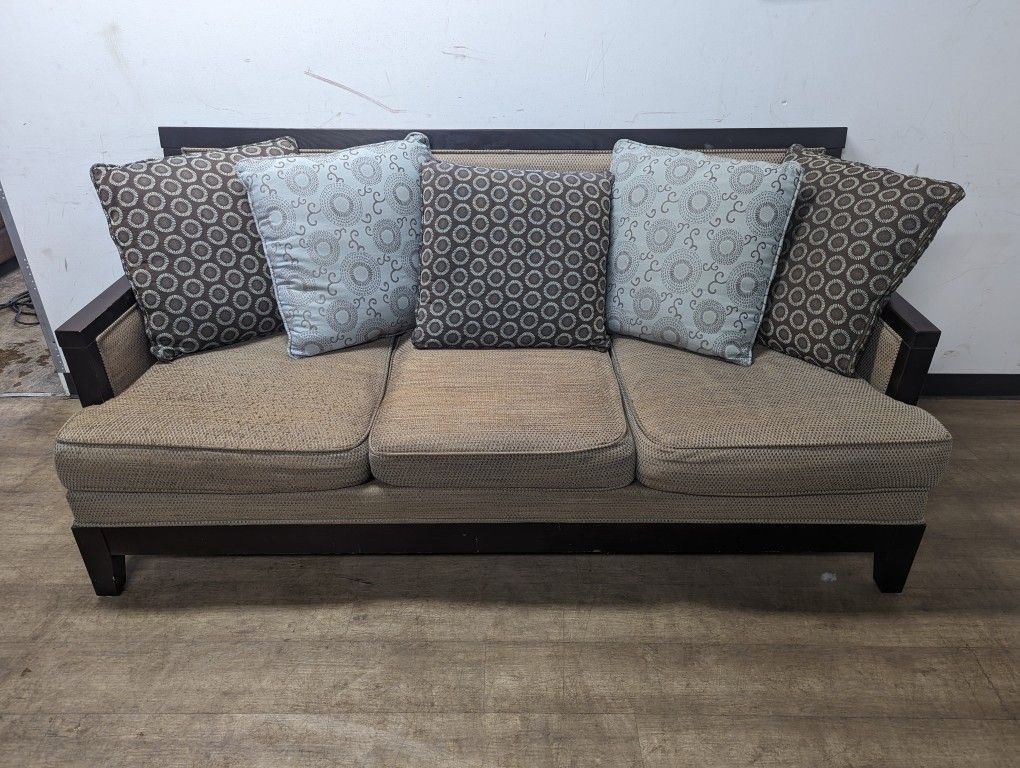 2-Tone Mid Century Modern Fabric Couch With Wood Trim