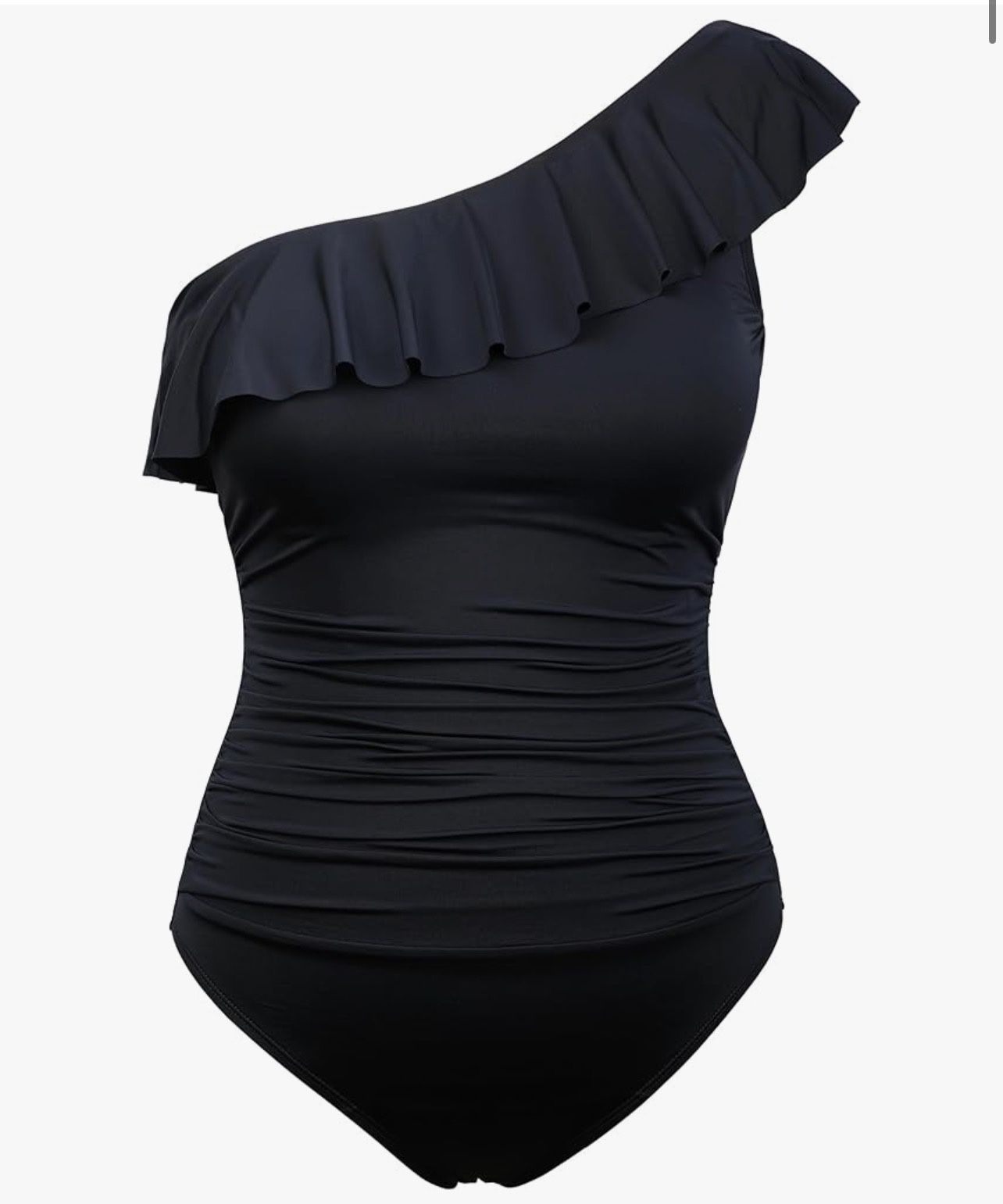 Women's One Piece Swimsuit One Shoulder Ruffle Tummy Control Bathing Suit Modest Slimming Swimwear Flattering Monokini(size 6)