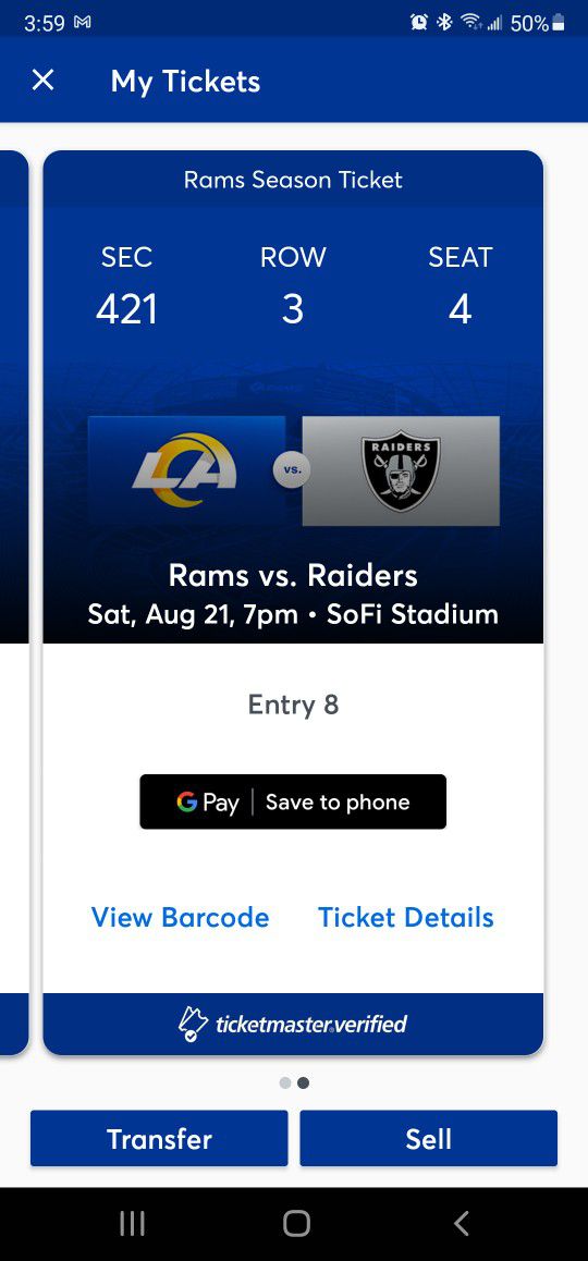 La RAMS Vs RAIDERS @SOFI STADIUM Sat Aug 21st Section 421 Row 3 Seat 3-4⁴  for Sale in Buena Park, CA - OfferUp