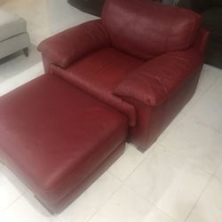 Red Genuine Leather Armchair W/ Matching Ottoman FREE Local Delivery 🚚 
