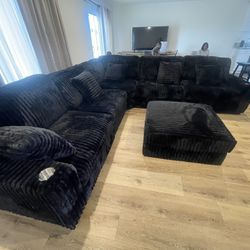 Black Sectional With Ottoman - Extra Large Seating Soft Fur Like Corduroy Fabric