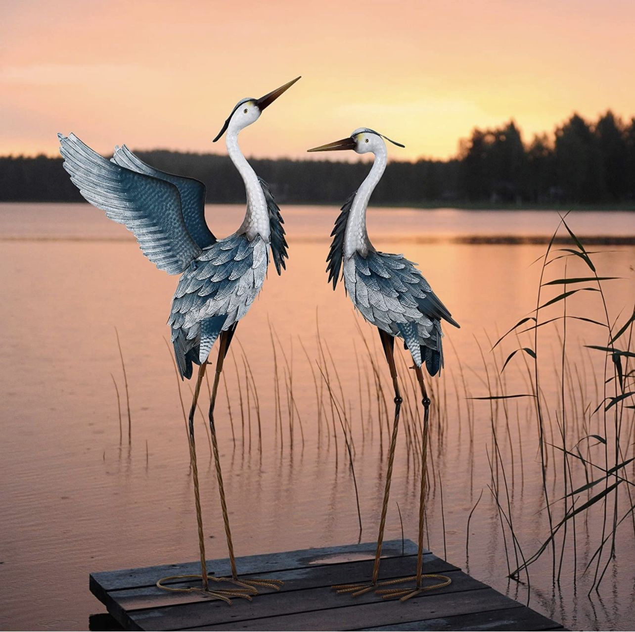 Metal Blue Herons Garden Statues Sculptures, Standing Cranes Decor Bird Art Lawn Ornaments