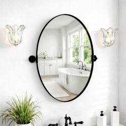 NXHOME Pivot Oval Mirror 18x28 Inch Black Metal Tilting Wall Mirrors For Bathroom Vanity Living Room | Adjustable Frame & Shatter-Resistant Glass