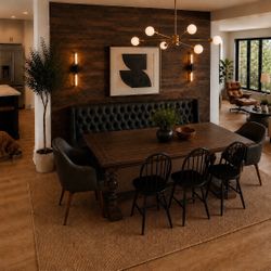 Ethan Allen Trestle Dining Set | Banquette + Leather Captains + Windsor Chairs + Free Delivery