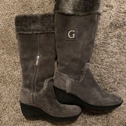 G by Guess Gray Suede Wedge Faux Fur Winter Boots, Size 9