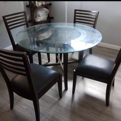 Crate and Barrel Halo Ebony Round Dining Table with 42" Glass Top + Chairs
