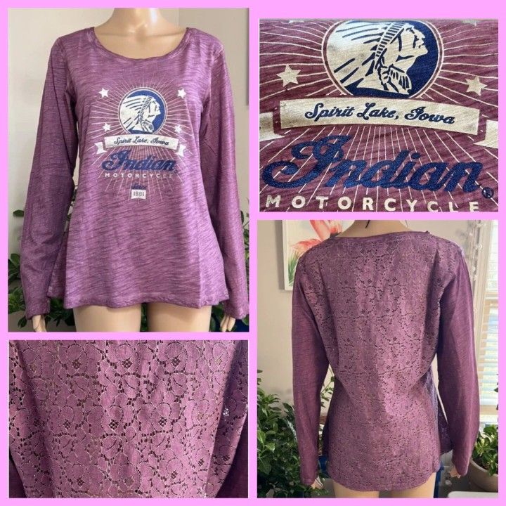 GENUINE Indian Motorcycle Womens LACE BACK long sleeve T-Shirt PURPLE with Blue/Silver Glitter Logo XL