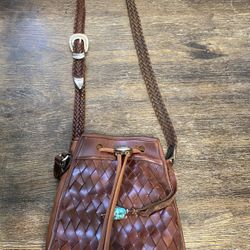 BRIGHTON BRAZILIAN BREE WOVEN Western Leather Purse Bucket Bag Drawstring Brown