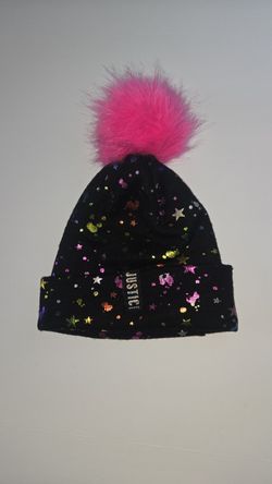 Justice Girls Black Knit Beanie Hat Pink Pom-Pom Colorful Star (CODE0164)