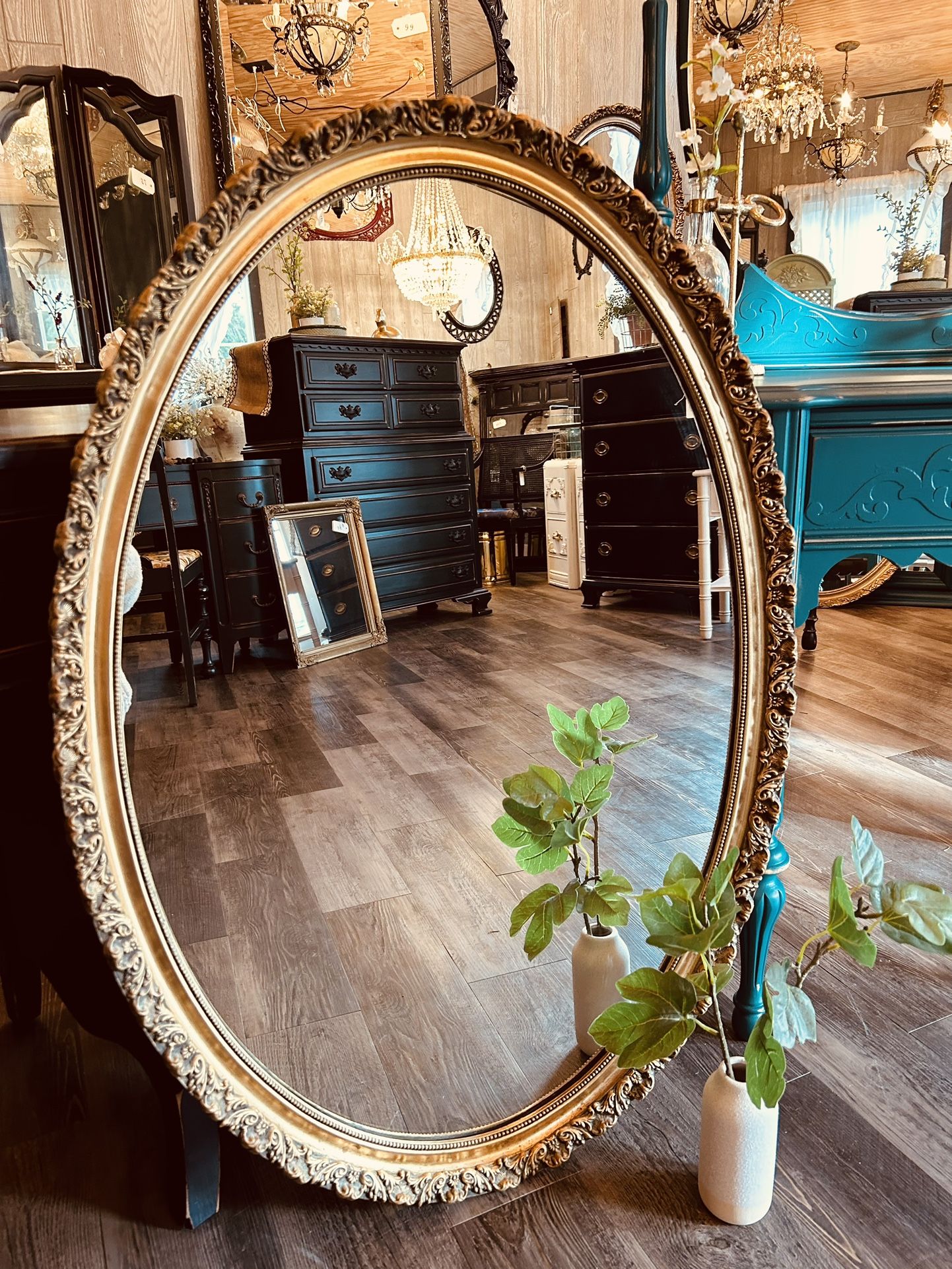 Antique Gold Hollywood Regency Oval Mirror 