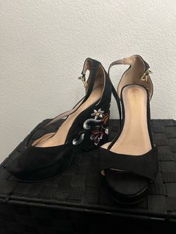 Madden Girl Black Floral Embroidered Peep Toe Wedge Ankle Strap Heels