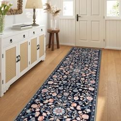 Hallways Kitchen Runner Rug Non Slip 2'x8', Washable Blue Floral Rugs with Rubber Backing Low Pile Soft Carpet Runner