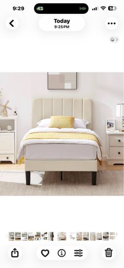 VECELO Upholstered Bed Frame with Adjustable Velvet Headboard, Wooden Slats Support, Bed Frame Beige Twin Bed