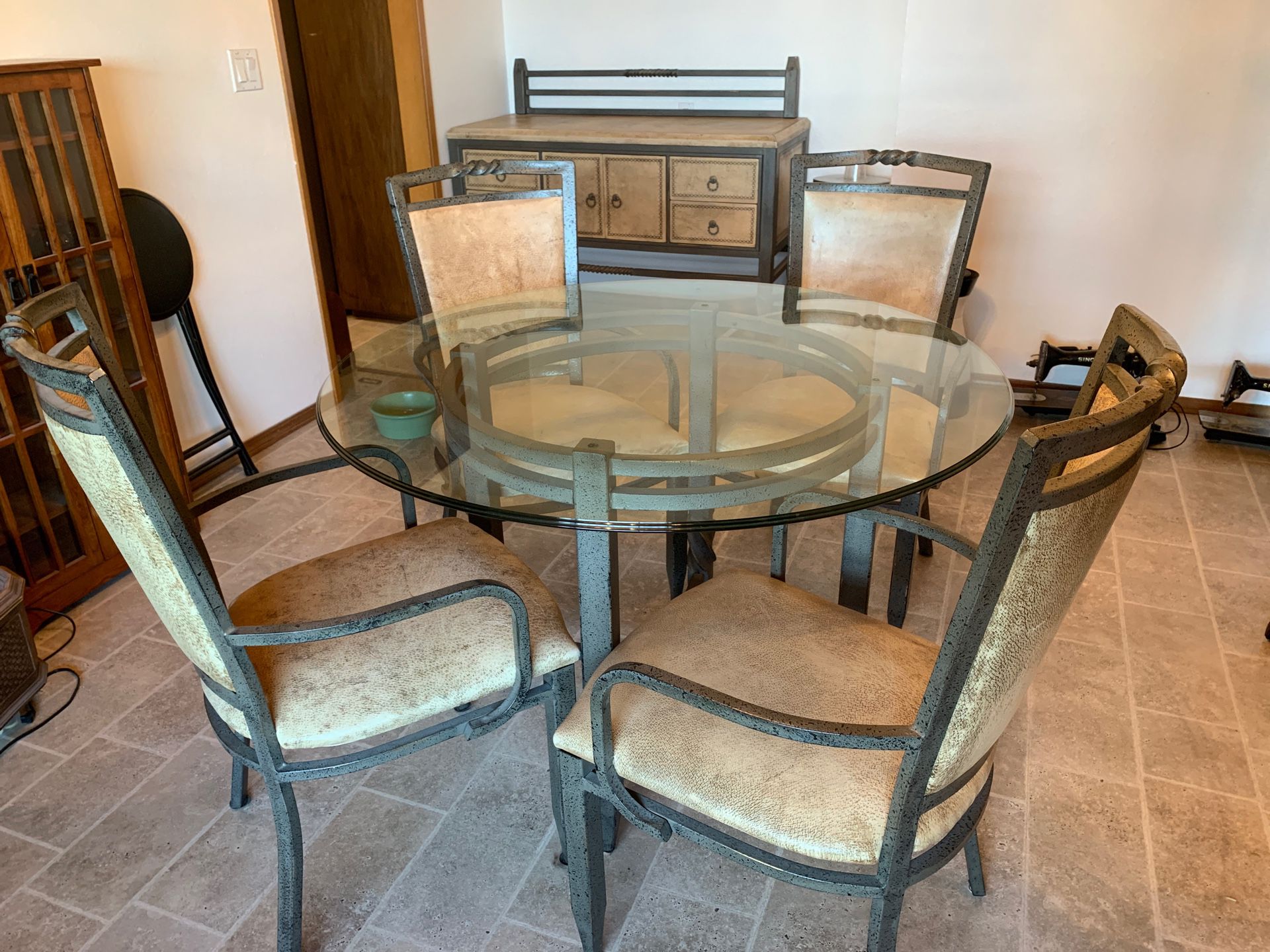 Dining set—twisted metal, Leather and glass