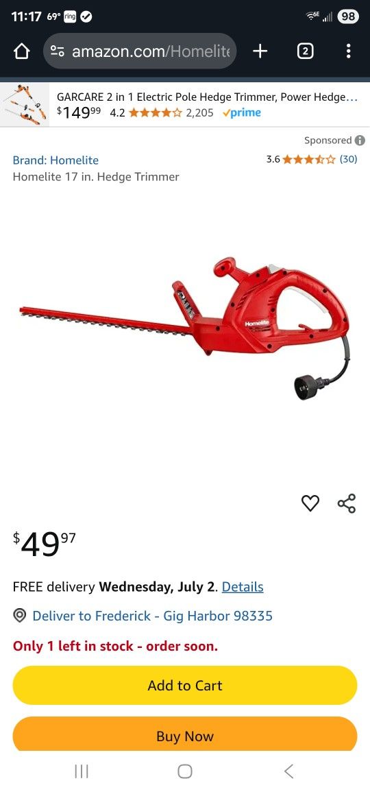 Hedge Trimmer 17 Inch HOMELITE - NEW