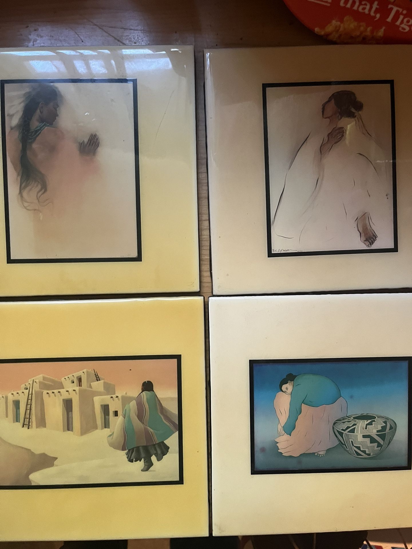 Four Beautiful Vintage Native Art Ceramic Tiles Artists RC Gorman D Hiatt Ozz Fr