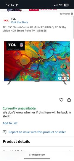 TCL 85" Class 6-Series 4K Mini-LED UHD QLED Dolby Vision HDR Smart Roku TV - 85R655