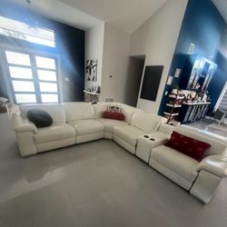 White Italian Leather Couch With Power & USB Ports