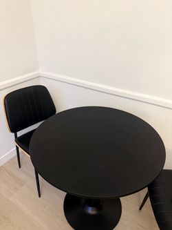 31.5" Round Black Pedestal Dining Table + 2 Walnut & Leather Chairs — Set
