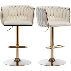 Bar Stools Set of 2, Luxury Upholstered Bar Chairs with Woven Back & Footrest, Adjustable Counter Height Bar Chairs for Cafe, Pub, Bar Counter (Beige)