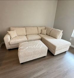 Ivory Corduroy Sectional Sofa with Ottoman