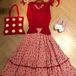 New arrival Red Crocheted Sweater Red Checkered Ball Lace Skirt Cake Long Skirt Suit WomenSize XL
