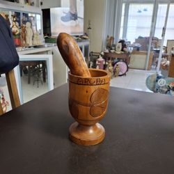 Vintage Solid Wood Mortar And Pestle Hand Carved In Aruba Mortar: 6.25"H Pestle: 7"L