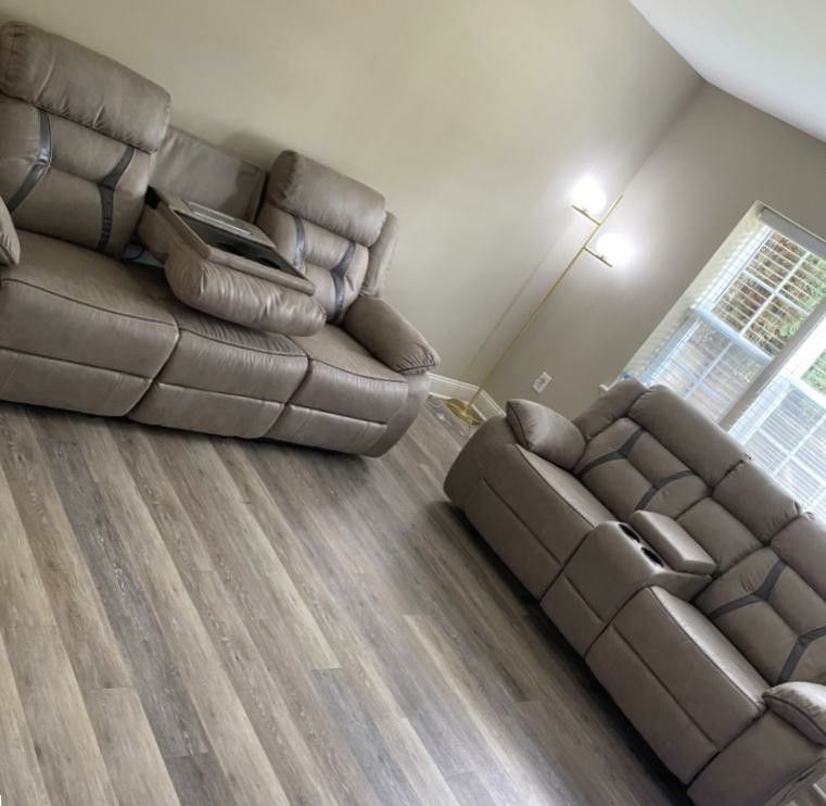 Tan Reclining Sofa and Loveseat Set with Dropdown Console