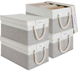 LoforHoney Home Fabric Storage Bins with Lids for Organizing, Foldable Closet Storage Boxes for Shelves, Clothes Baskets with Cotton Rope Handles, Lar