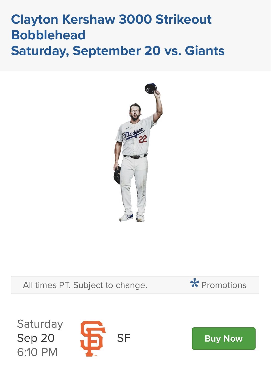 Dodgers vs Giants 9/20 Clayton Kershaw 3k Bobblehead