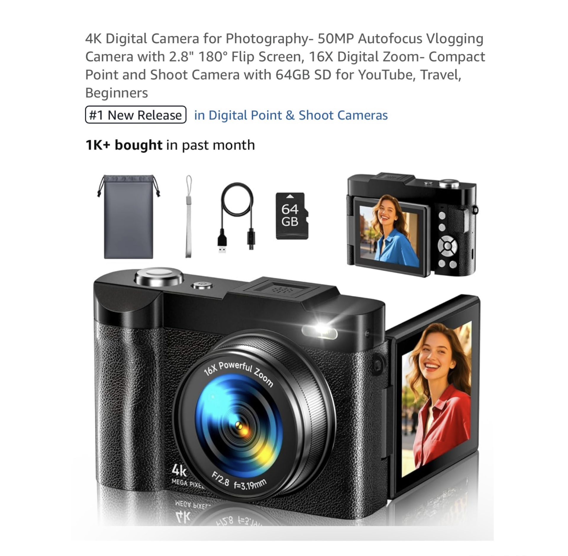 Brand new 4K Digital Camera for Photography- 50MP Autofocus Vlogging Camera with 2.8" 180° Flip Screen, 16X Digital Zoom- Compact Point and Shoot Came