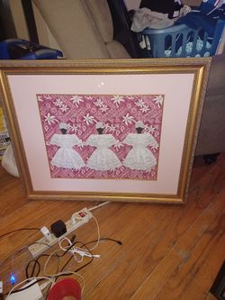 Large Framed Caribbean Fabric Art (31x26) by Meleen C - Faceless Dolls