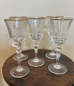 Set of Five  (5) Vintage Gold Rim Crystal Wine glasses